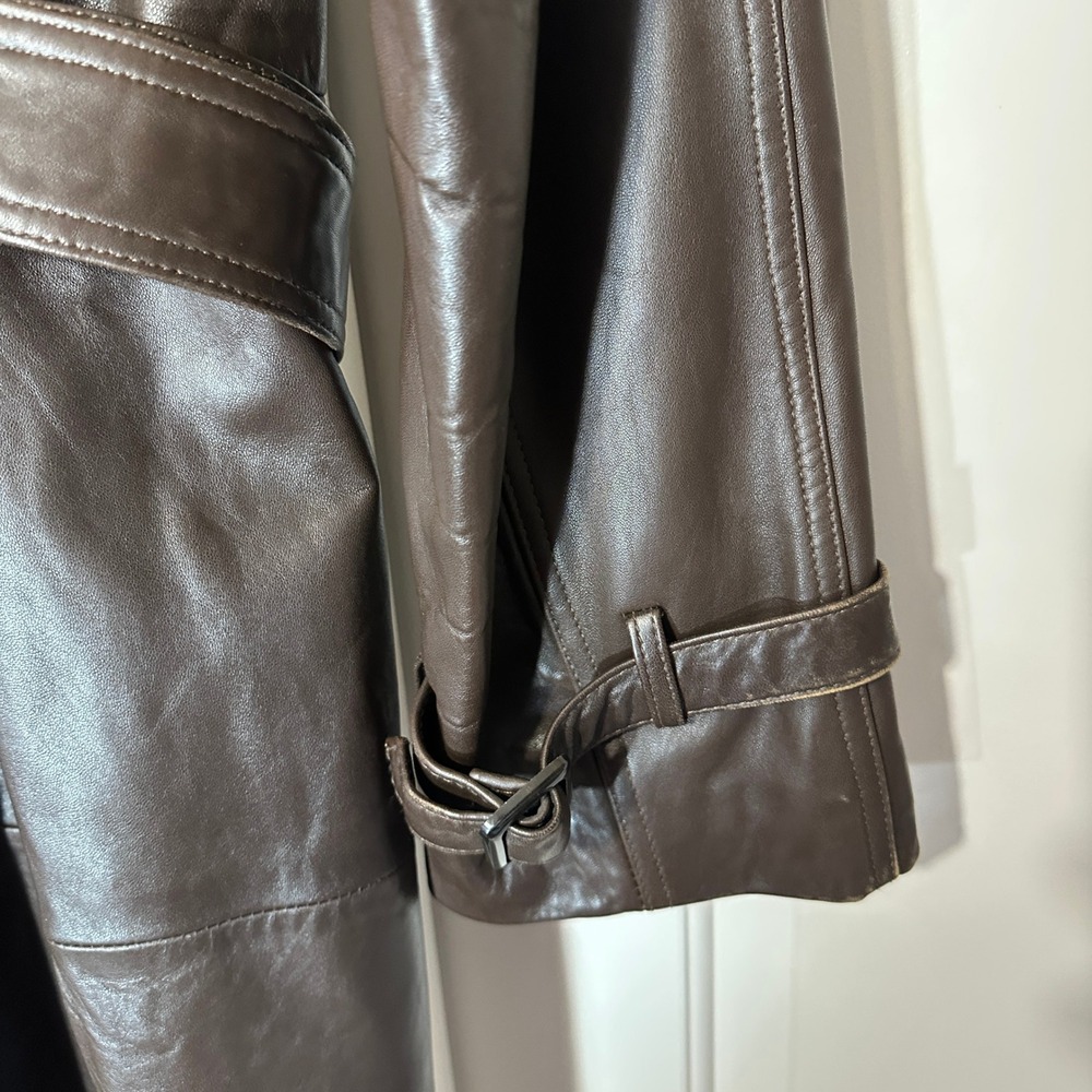 J.Crew Trench Coat Womens 6 Brown Leather Double Breasted Belted Long Jacket - Picture 7 of 7